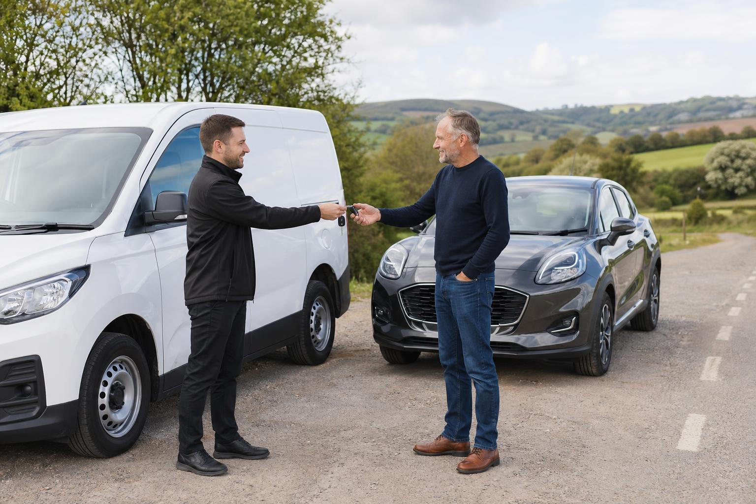Customer receiving keys beside a hire van and car on a quiet rural road near Colyton.