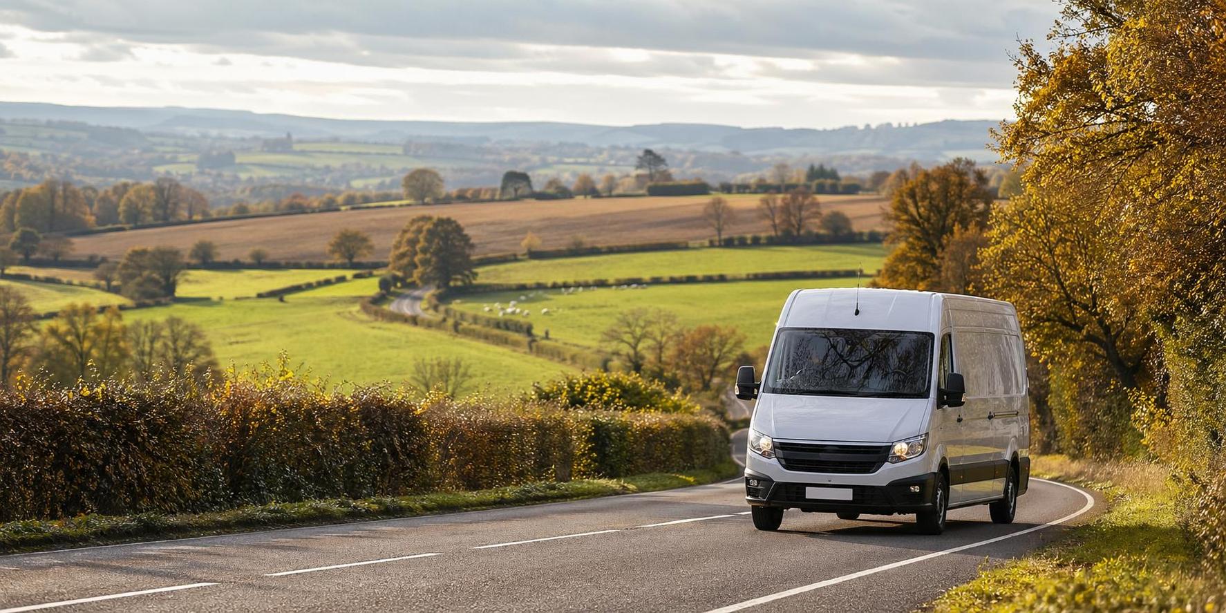 Medium hire van on a winding rural road near Honiton in warm autumn light.