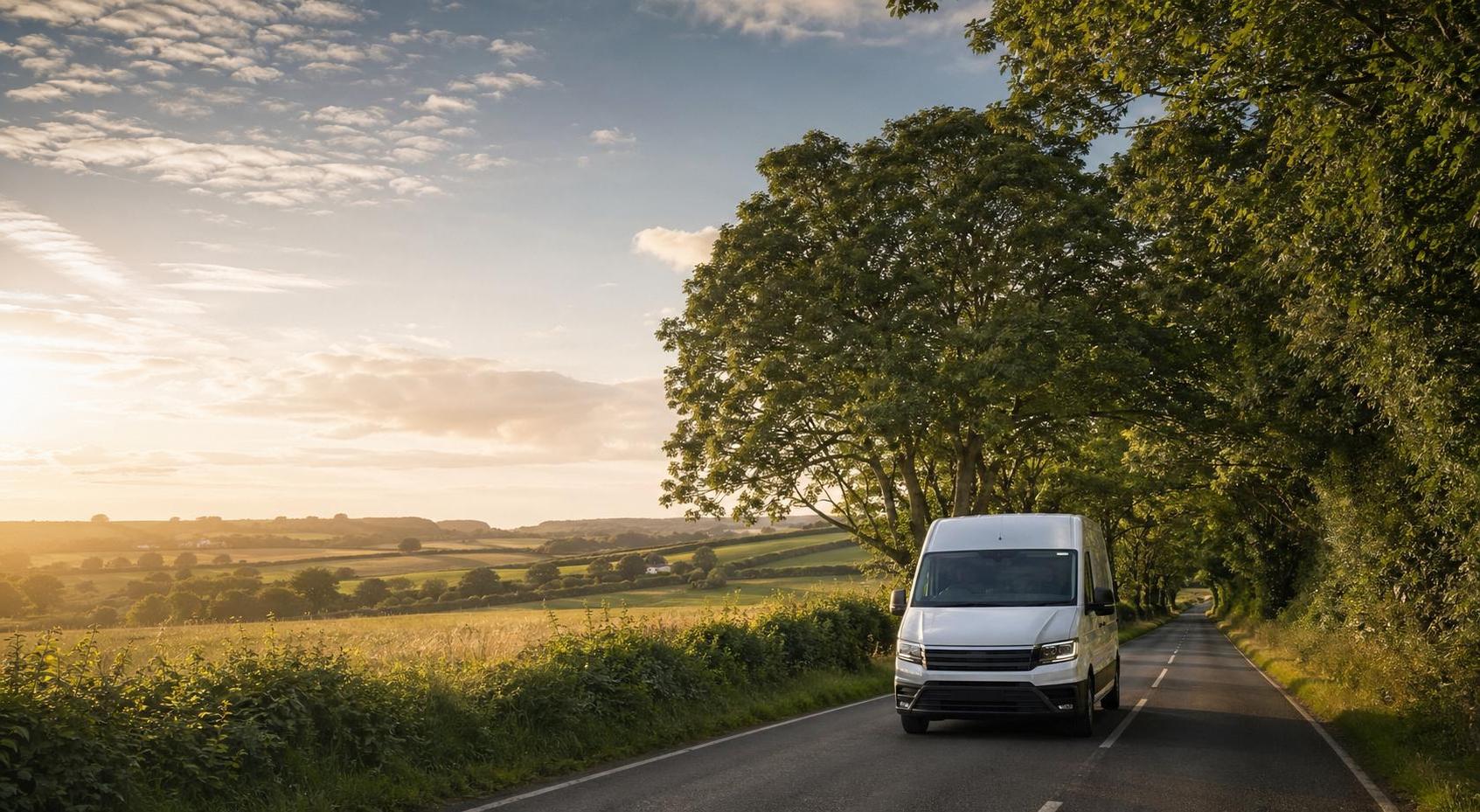 White hire van driving along a tree-lined rural road near Chard in warm afternoon light.