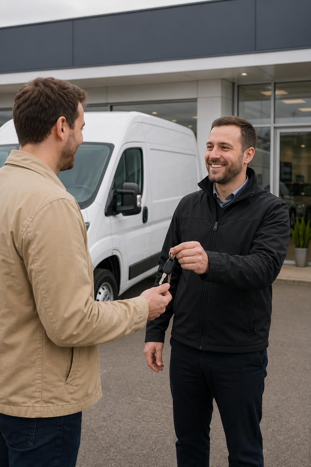 A hire representative handing car keys to a customer outside a clean vehicle rental forecourt.
