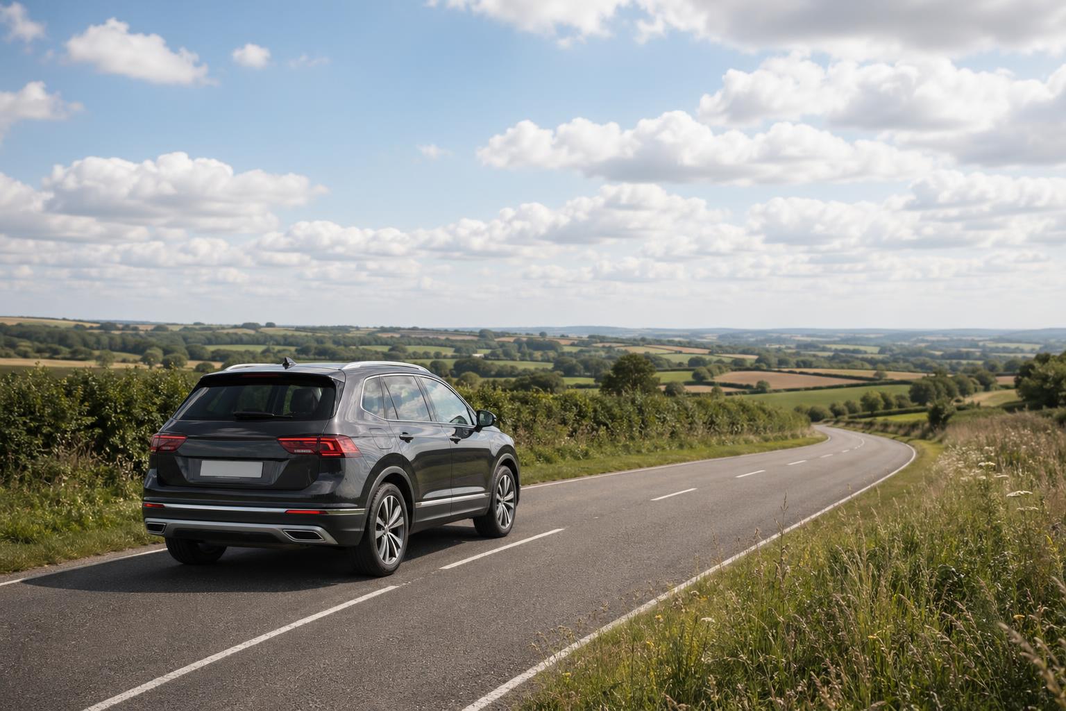 Grey hire SUV on a sweeping rural road near Ilminster under a broad summer sky.