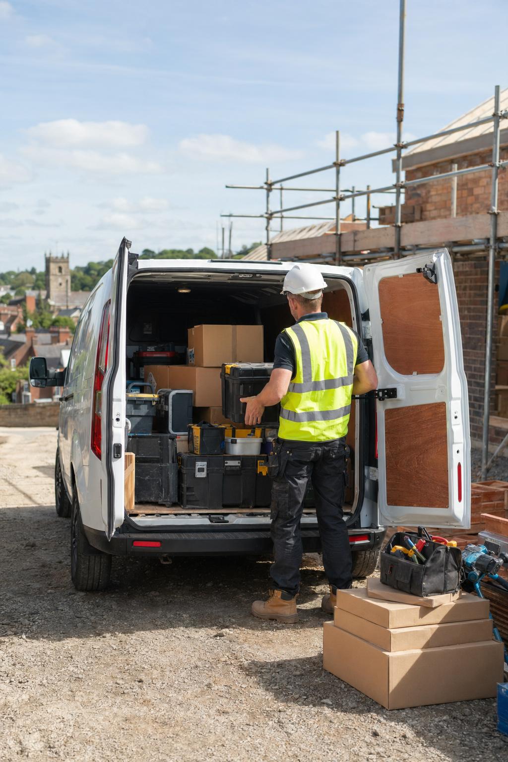 A builder loading tools into a hire van near a construction site in Taunton.