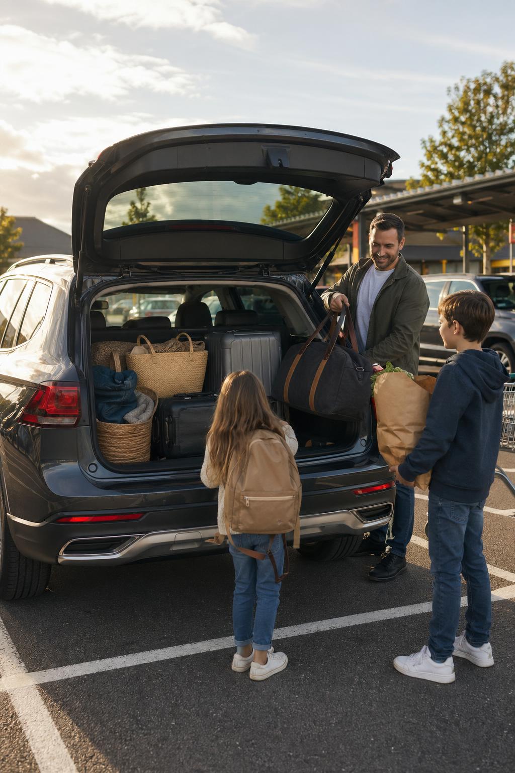 A family SUV hired for a trip, parked with luggage in a Yeovil retail park.