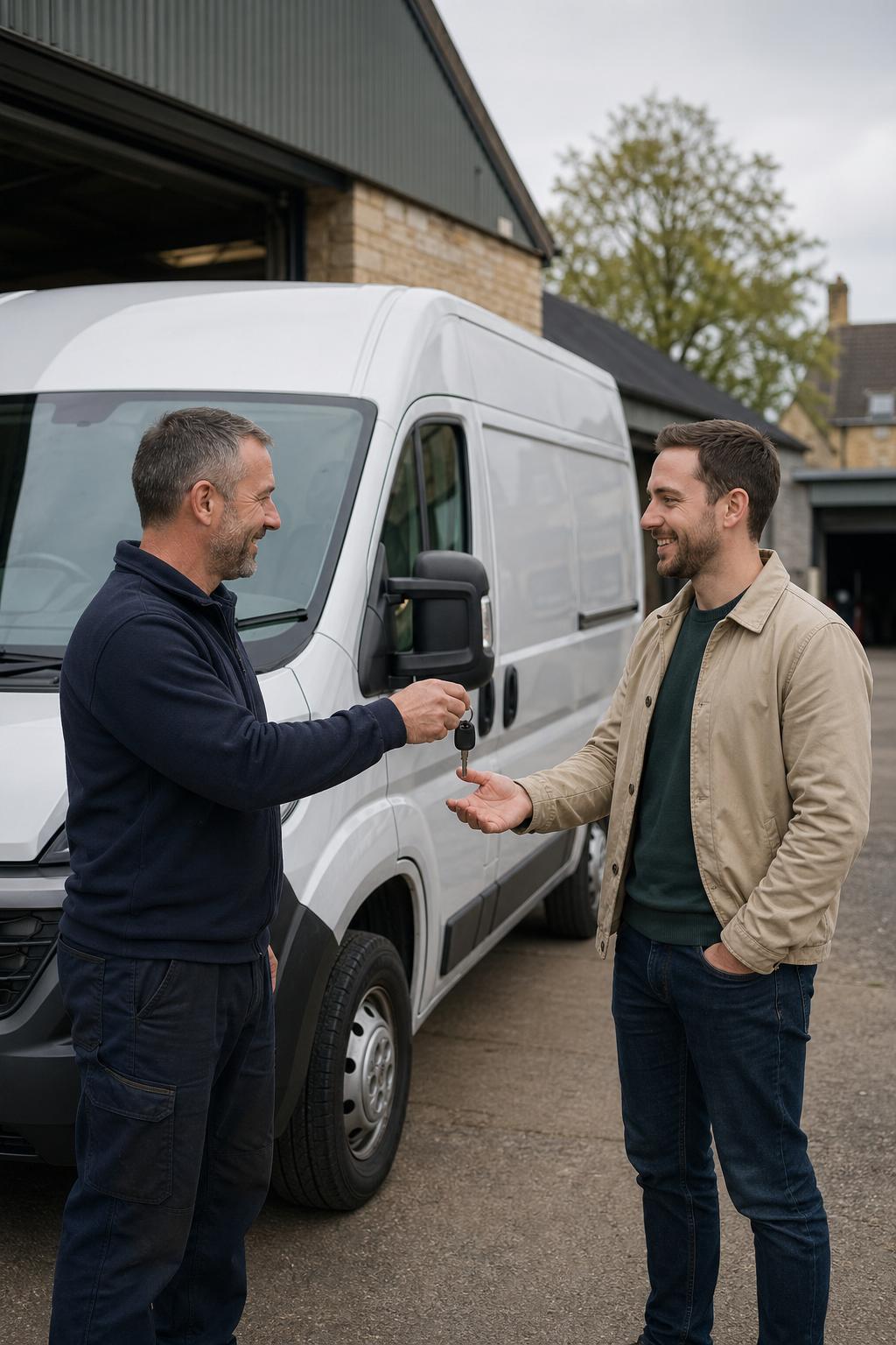 A customer receiving hire van keys beside a workshop yard in Crewkerne.