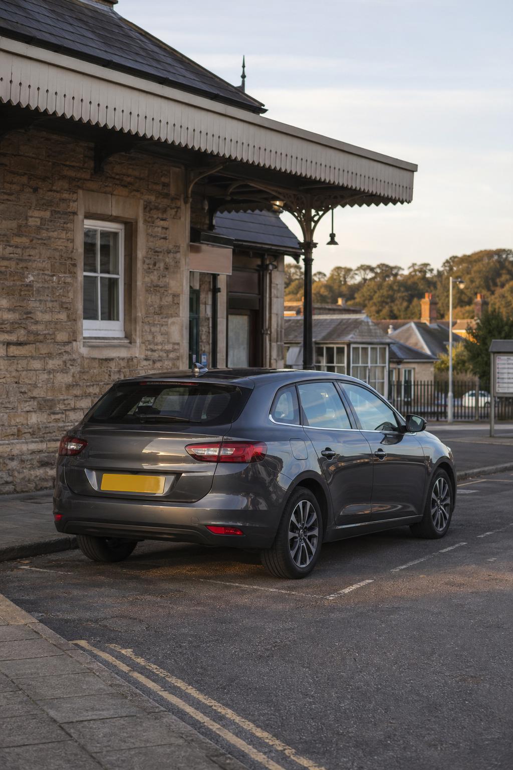 A modern hire car parked near a quiet station forecourt in Axminster.