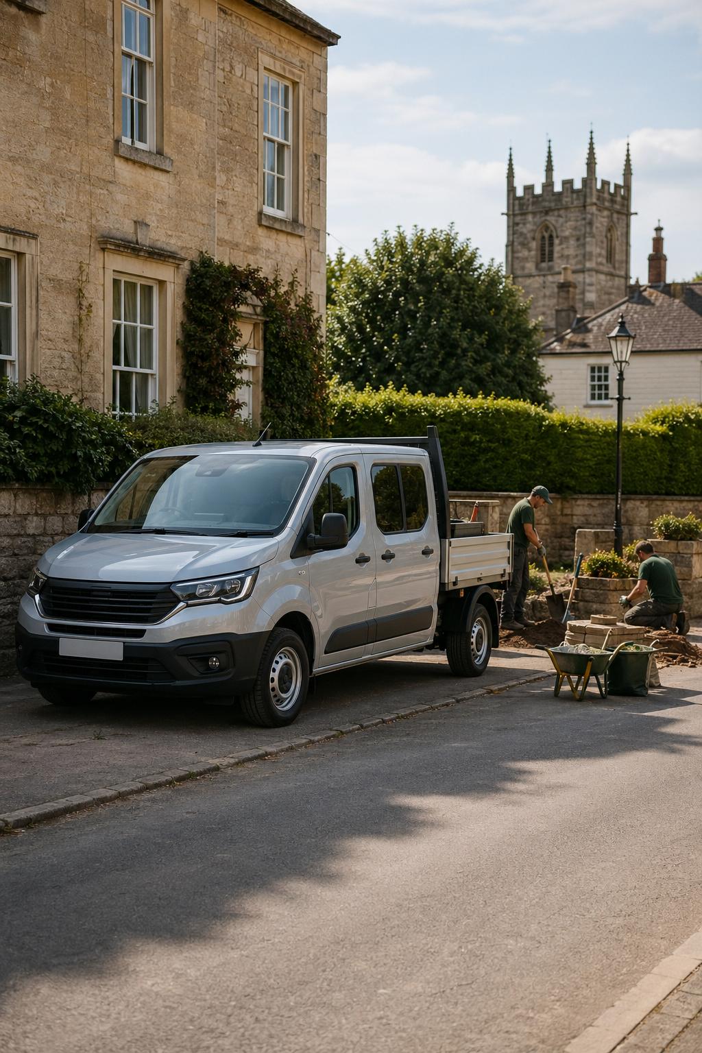 A crew cab trade vehicle parked beside a small landscaping job in Ilminster.