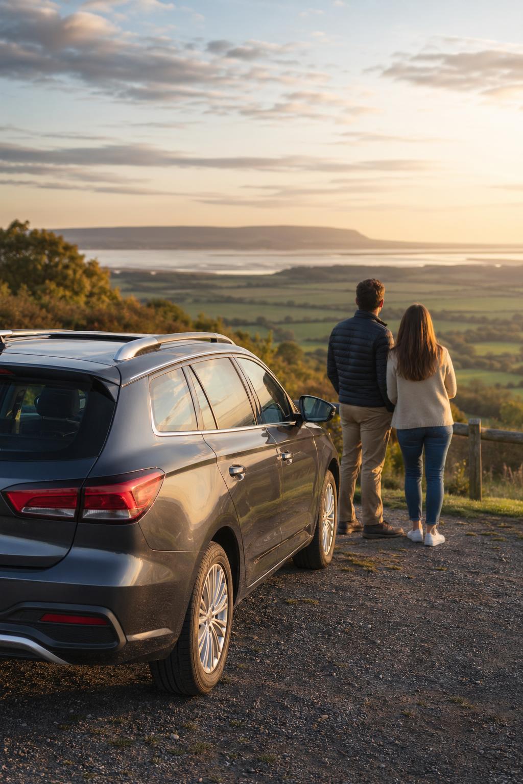 A clean hire estate car parked at a scenic Somerset viewpoint near Bridgwater.
