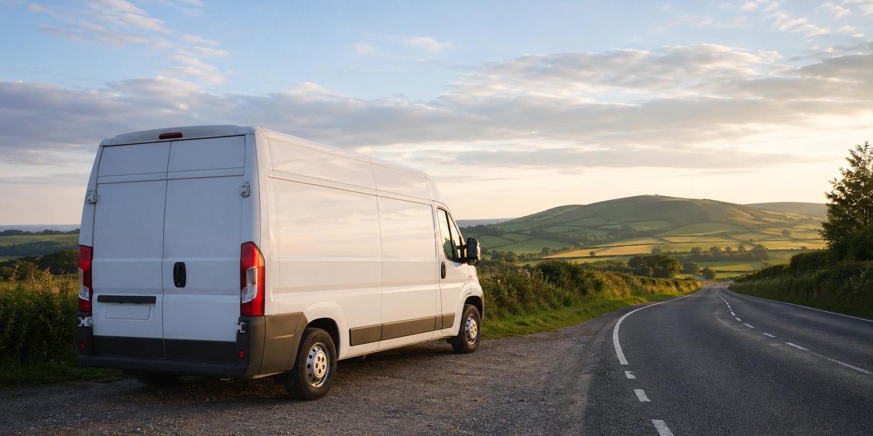 White hire van parked in a rural lay-by near Bridport with green Dorset hills behind.