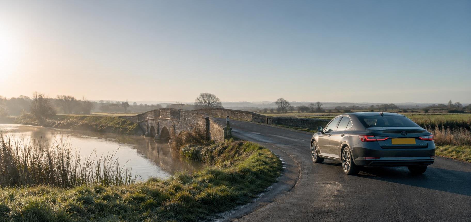 Rental saloon car approaching a small bridge near Langport with open fields and reeds.